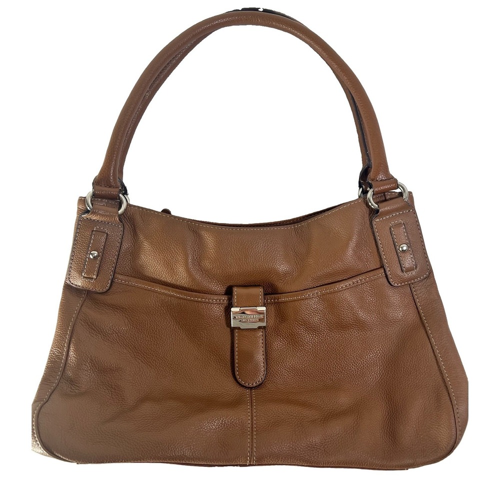 Tignanello Brown Pebbled Leather Shoulder Bag Silver Hardware Striped Lining Zip